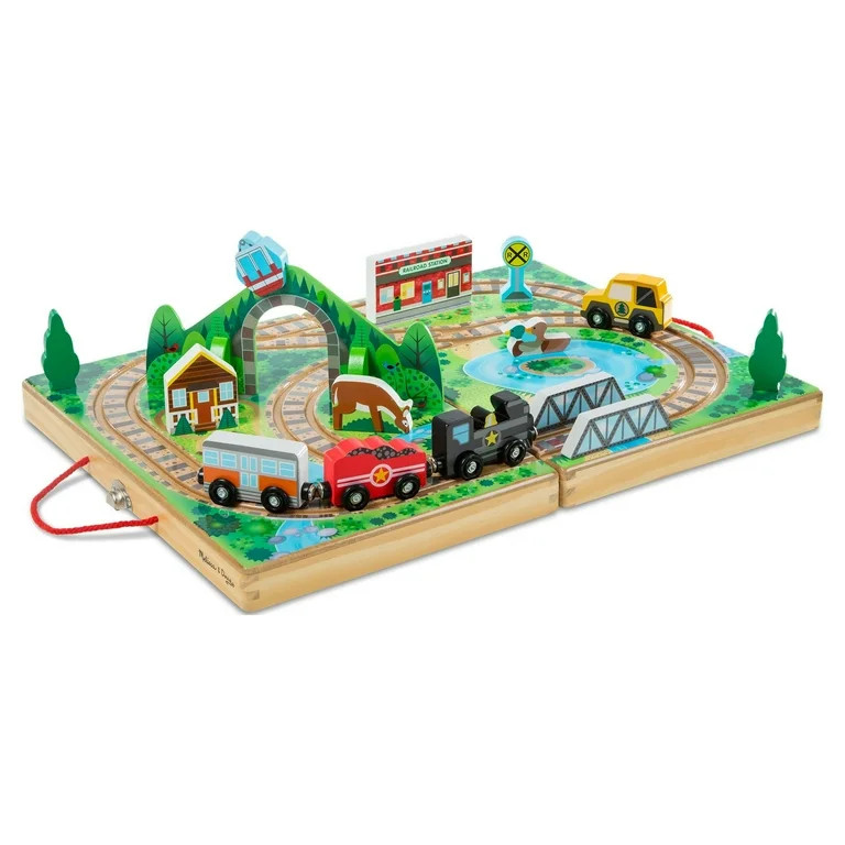 Melissa & Doug 17-Piece Wooden Take-Along Tabletop Railroad, 3 Trains, Truck, Play Pieces, Bridge... | Walmart (US)