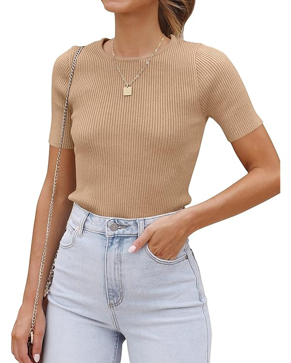 ZESICA Women's Short Sleeve Sweater Tops 2025 Summer Crewneck T Shirt Ribbed Knit Slim Fit Basic ... | Amazon (US)