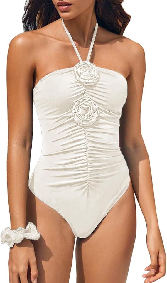 SherryDC Women's Ruched One Piece Swimsuit Tummy Control Halter Bandeau 3D Flower Bathing Suit | Amazon (US)