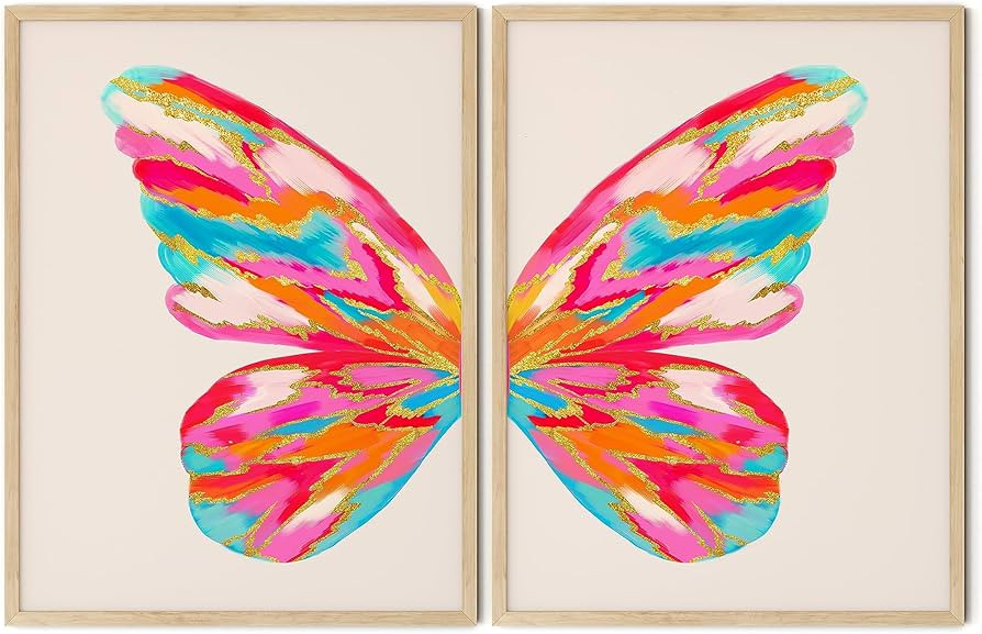 TwoDays Preppy Room Decor Aesthetic, Butterfly Wall Art for College Apartment, Girly Pink and Ora... | Amazon (US)