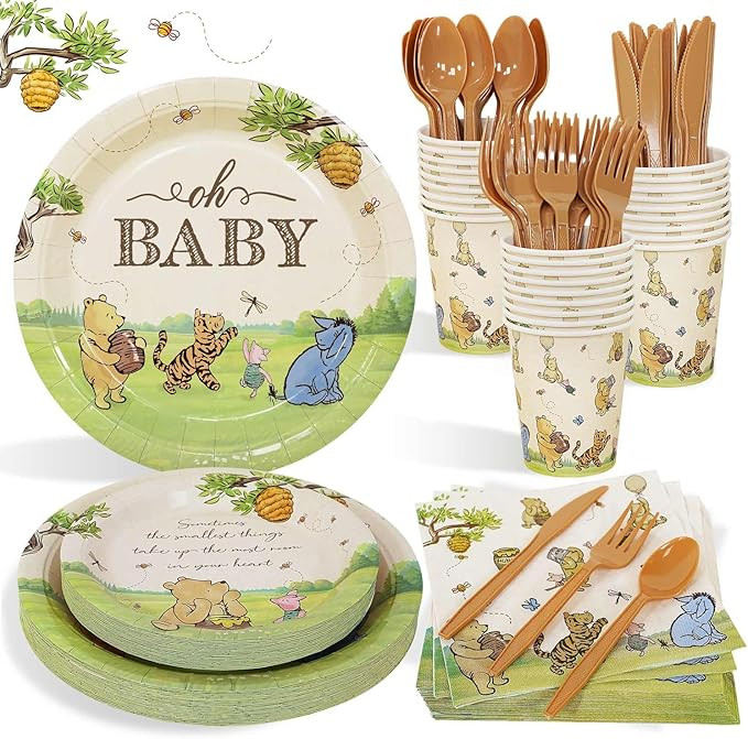 175Pcs Classic Winnie Bear Baby Shower Decorations Plates Cutlery Set, Vintage Pooh Bear Oh Baby ... | Amazon (US)