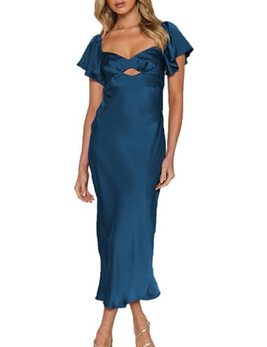 Summer Satin Flutter Sleeve Wedding Guest Dresses for Women Sweetheart Neckline Cutout Tie Back Midi Cocktail Dress Teal | Amazon (US)