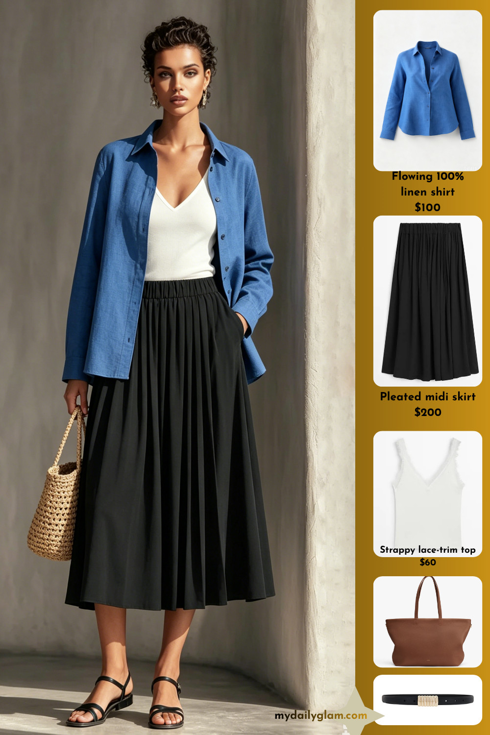 Summer Everyday Neutral Outfit | Blue Linen Shirt + Black Pleated Midi Skirt Layered Look

#PleatedSkirtOutfit
#LinenShirtStyle
#SummerCasualOutfit 

 #LTKootd #LTKOver40 #LTKWorkwear