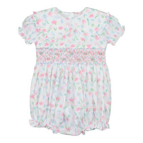 Blue And Pink Smocked Pastel Floral Bubble | Cecil and Lou