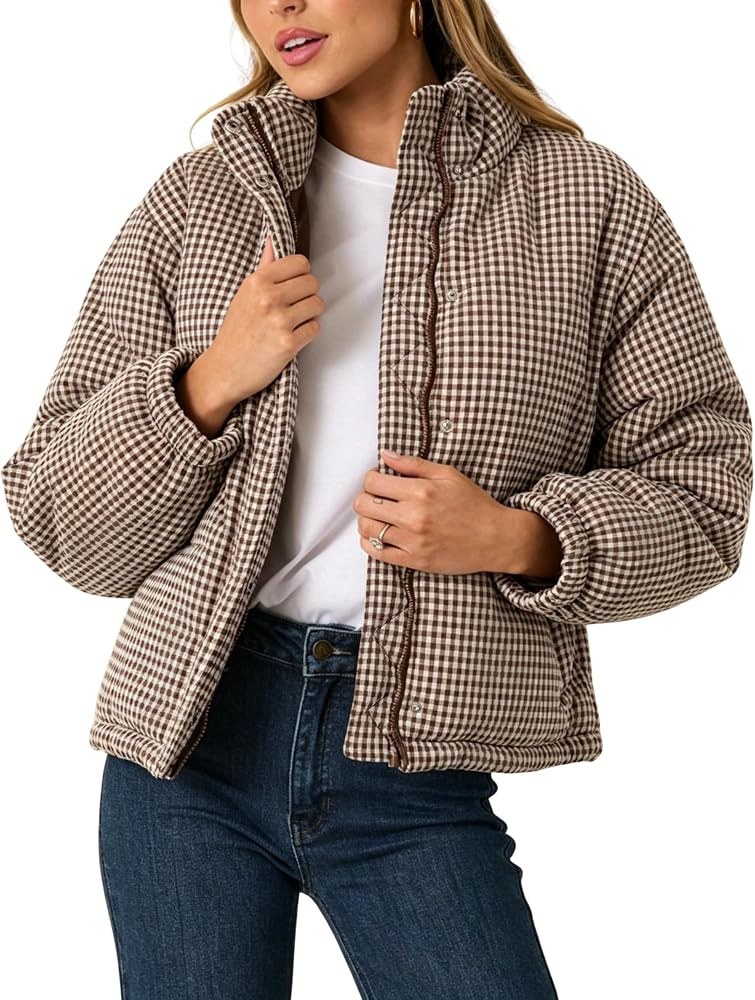 Mannjin Women's Cropped Gingham Quilted Puffer Jacket | Amazon (US)