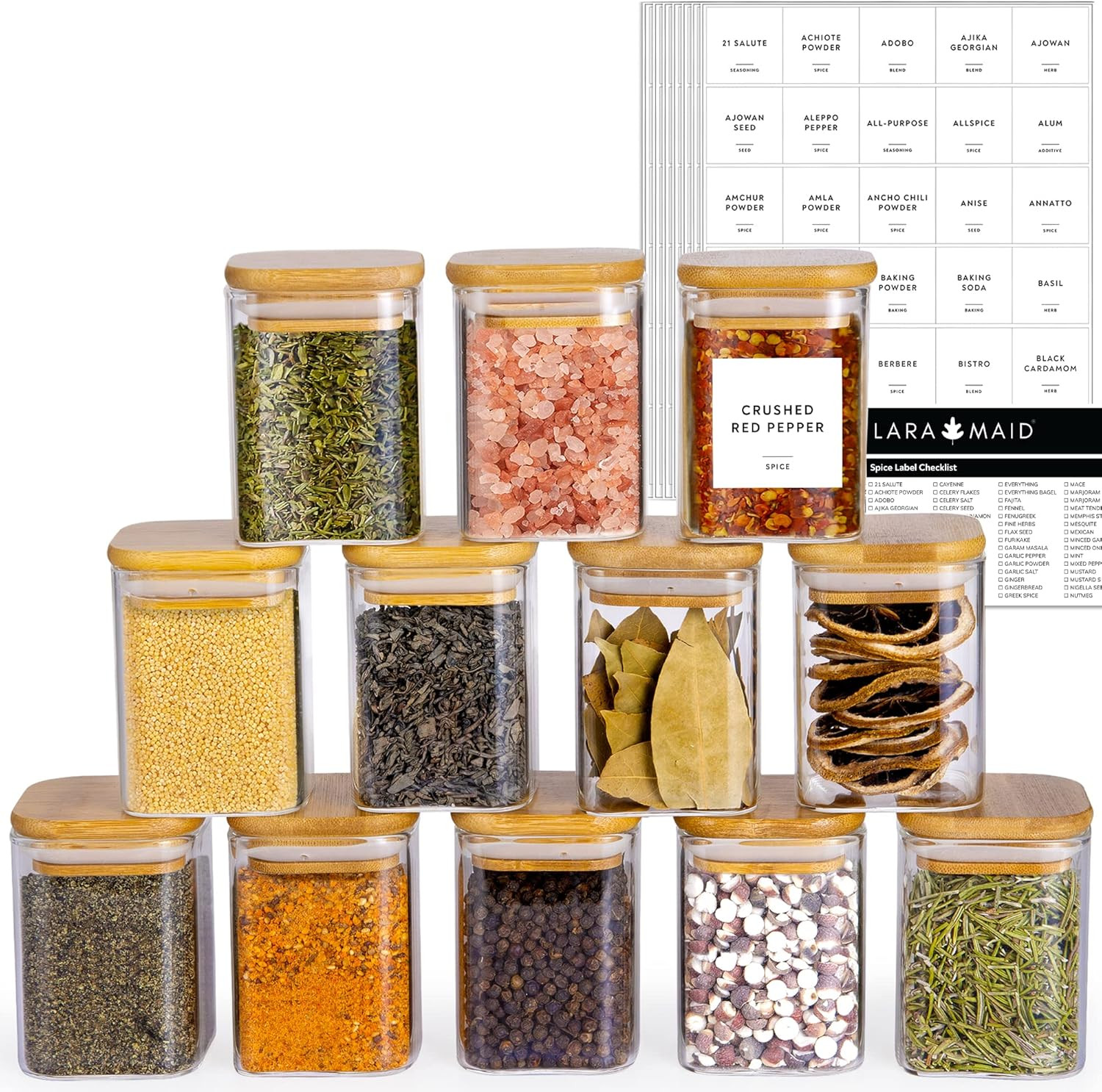 Laramaid 7oz 12Packs Glass Jars Set with 208 Minimalist Spice Labels, Square Spice Jars with Bamb... | Amazon (US)