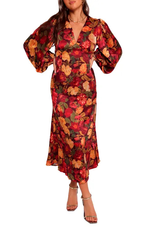 Petal & Pup Zimmer Floral Long Sleeve Satin Maxi Dress in Sangria Bloom at Nordstrom, Size Small | Nordstrom