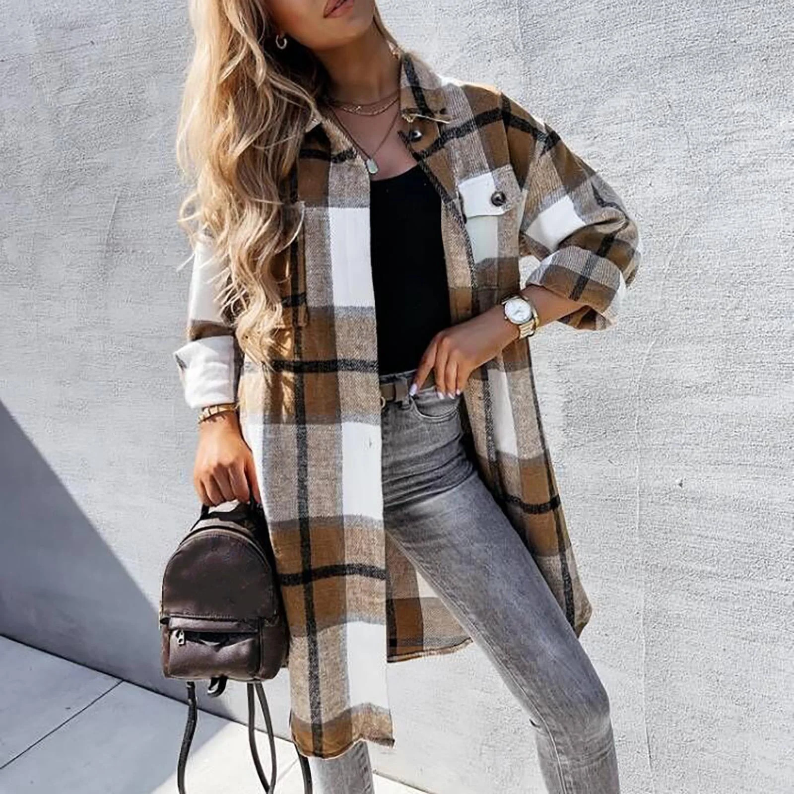 TIMIFIS Womens Fall Fashion Women's Casual Lapel Button Down Long Plaid Shirt Coat Tartan Shacket... | Walmart (CA)