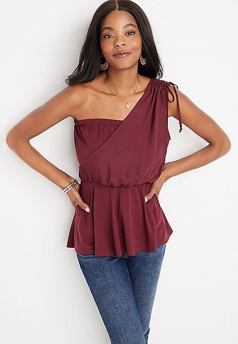 One Shoulder Solid Cinched Sleeve Top | Maurices