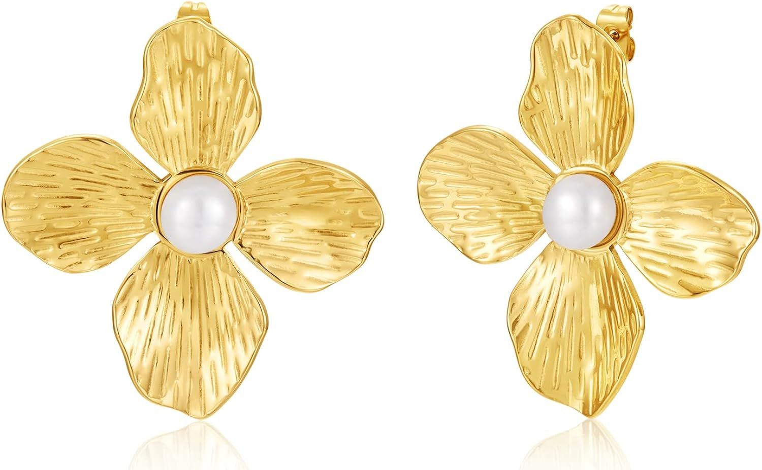 Flower Dangle Drop Earrings for Women 14K Gold Plated Pearl Earrings Hypoallergenic Flower Earrin... | Amazon (US)