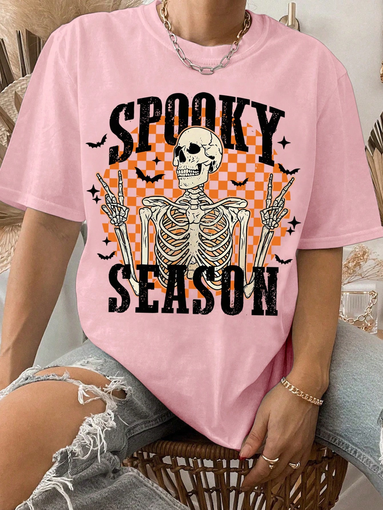 SHEIN LUNE Women's Oversized Crew Neck Skull Letter Print Short Sleeve T-Shirt | SHEIN USA | SHEIN