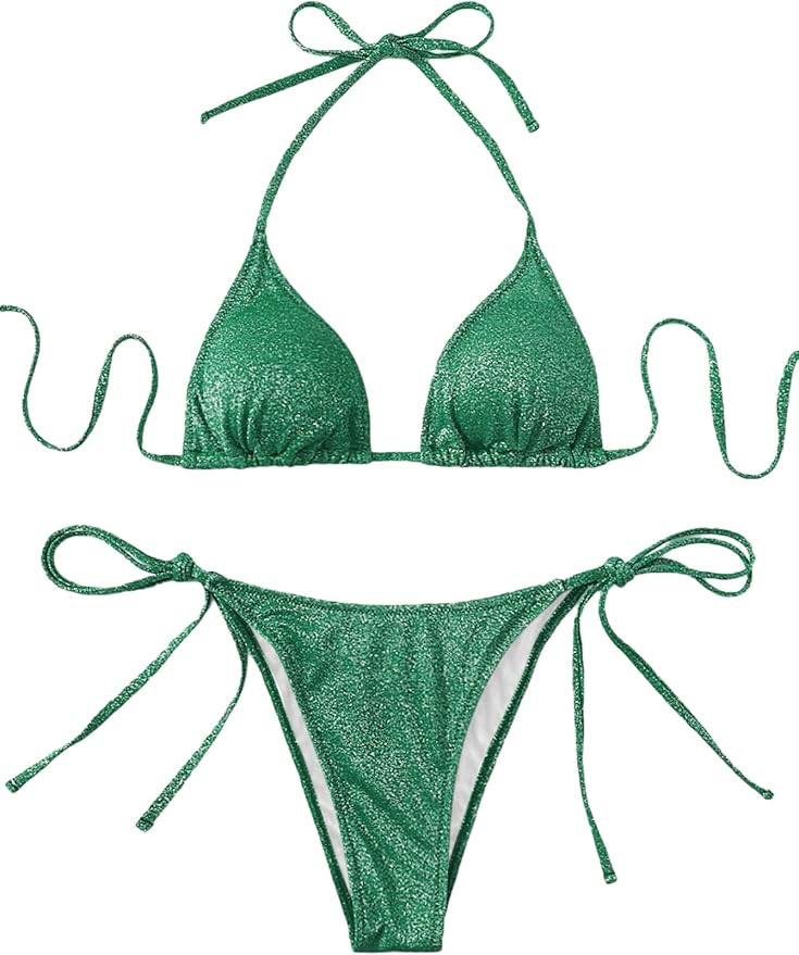 SheIn Women's 2 Piece Glitter Halter Triangle Bra and Tie Side Panty Bikini Swimsuit | Amazon (US)