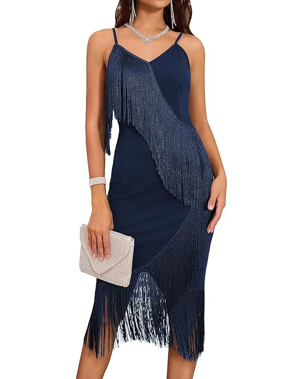 GRACE KARIN Women's Tassel Spaghetti Straps Bodycon Dress 2023 Sexy Deep V Neck Formal Dress Cock... | Amazon (US)