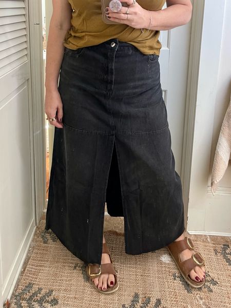 Amazon black denim maxi skirt with front slit and high waist. I had to size up but it’s comfy! 

Fall outfits, jeans, jean skirt, Birkenstock big buckle 

#LTKstyletip #LTKover40 #LTKfindsunder50