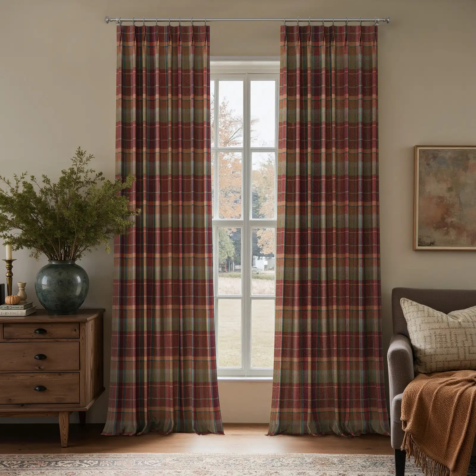 Karin Plaid Pure Wool Thermal Curtain Pleated - Red Plaid K41-12 | TWOPAGES