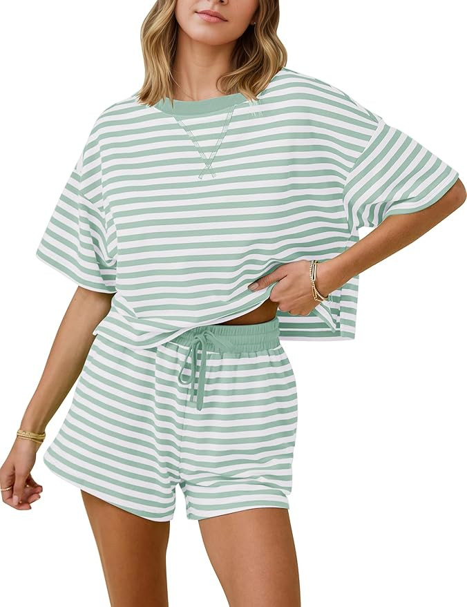 MISSACTIVER Womens Lounge 2 Piece Sets Summer Striped Matching Pajamas Set Short Sleeve Oversized... | Amazon (US)