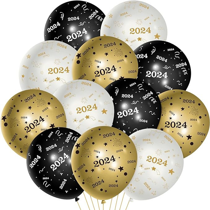Xqumoi 37Pcs 2024 Happy New Year Balloons 12Inch Black White Gold Latex Balloons with Ribbon New ... | Amazon (US)