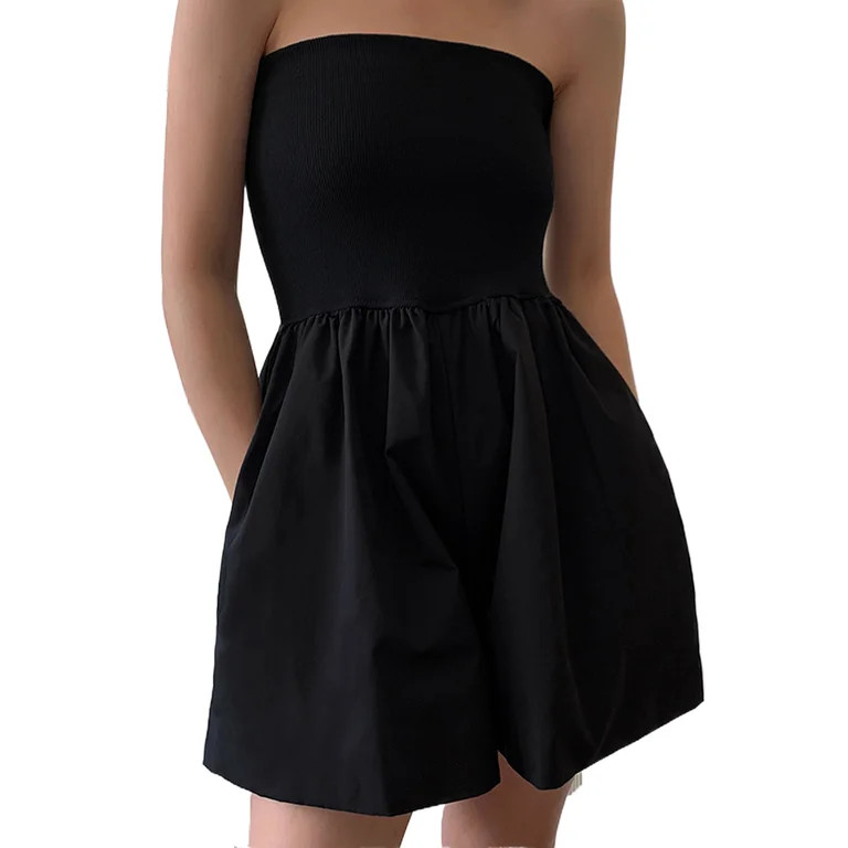 Women Casual Strapless Romper Y2K Wide-leg Solid Color Boat Neck Playsuit Summer Overalls Streetw... | Walmart (US)