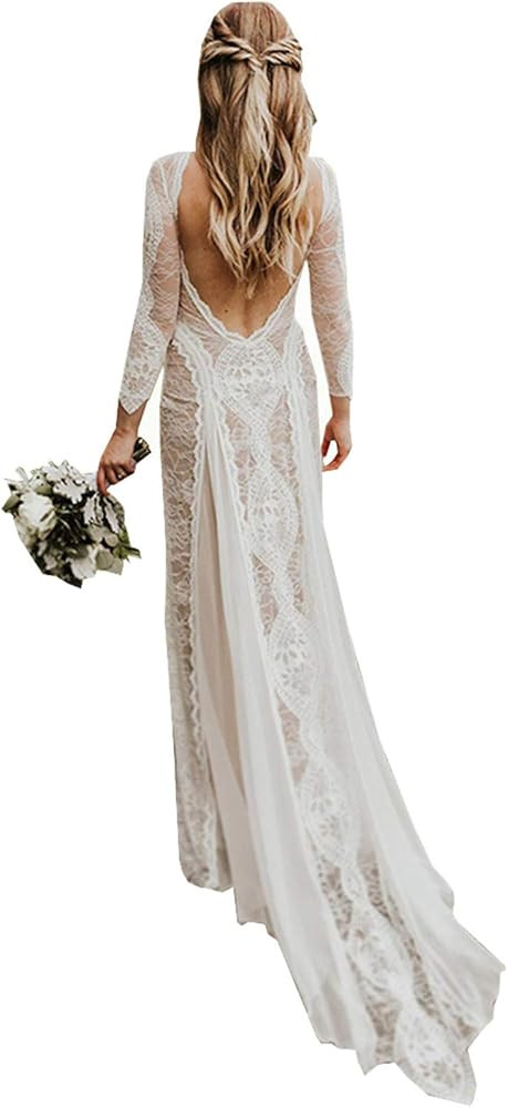 Women's Beach Wedding Dresses for Bride 2022 Vintage Long Sleeves Lace Bohemian Bridal Gown | Amazon (US)