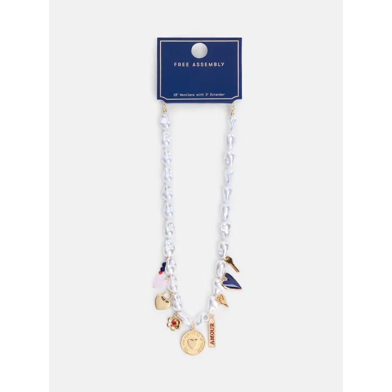 Free Assembly Women's Faux Pearl Charm Necklace, 16" + 3" Extender | Walmart (US)