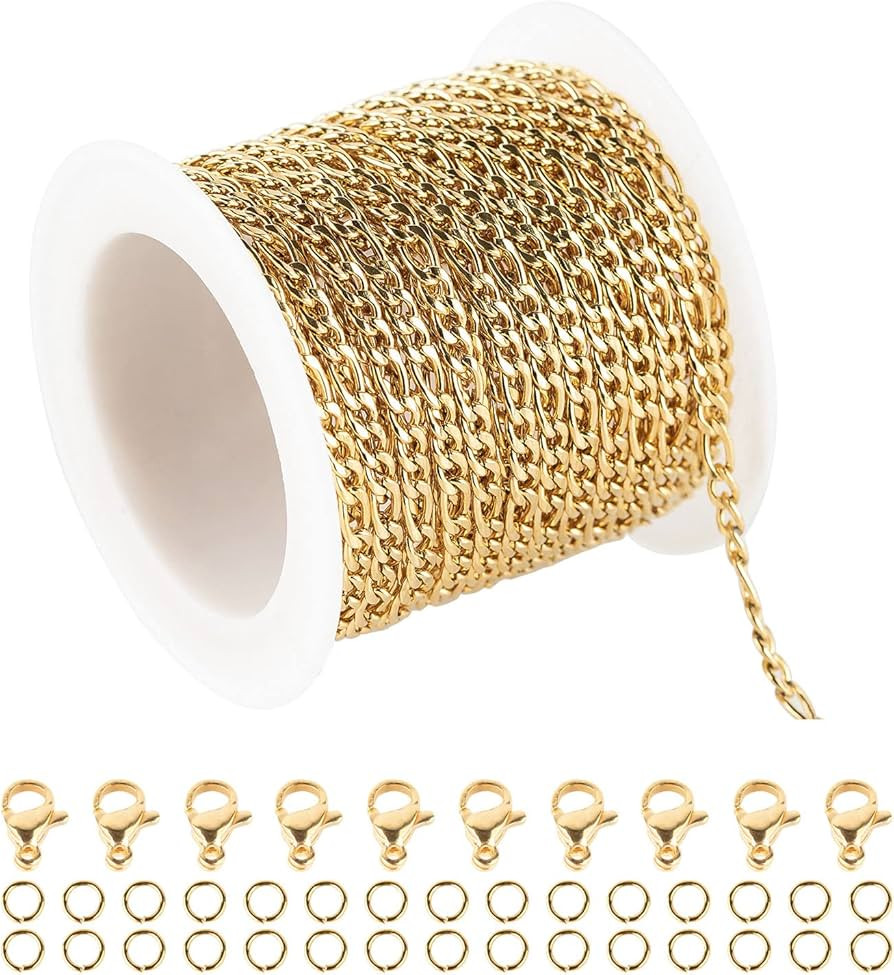 UMAOKANG 16.4 Feet Gold Stainless Steel Figaro Chains Link Spool Necklace Chain Bulk with Lobster... | Amazon (US)