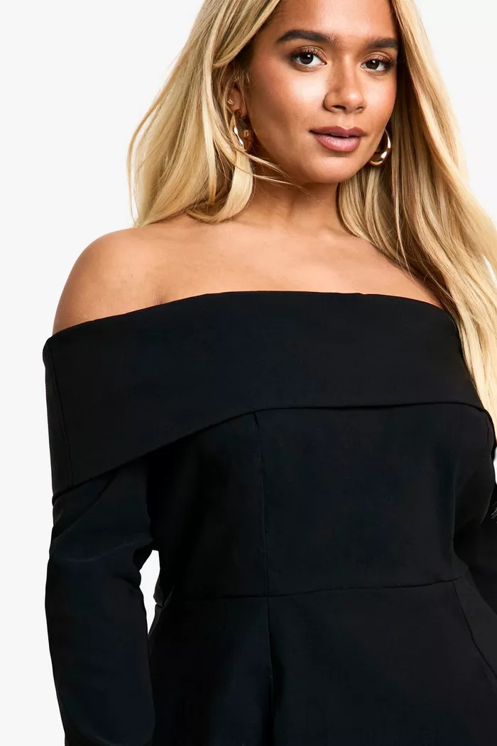 Plus Bengaline Off Shoulder Skater Dress | boohoo (US & Canada)