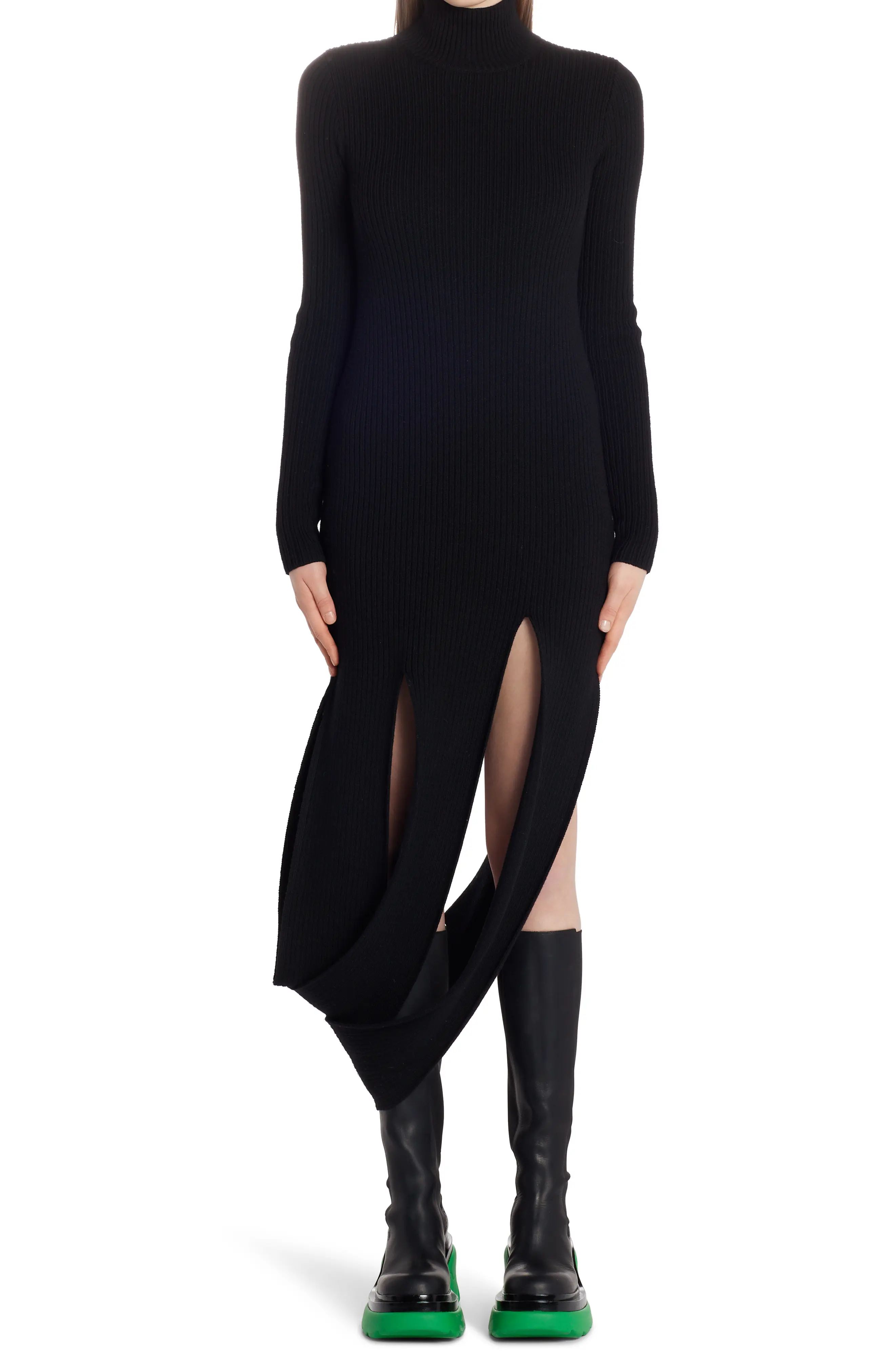 Bottega Veneta Slash Hem Rib Long Sleeve Stretch Wool Blend Sweater Dress, Size Large in Black at No | Nordstrom