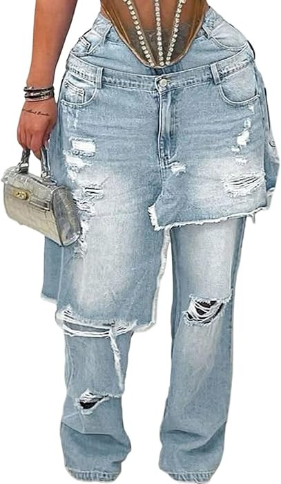 NRTHYE Womens High Waisted Ripped Jeans Patchwork Wide Leg Denim Pants | Amazon (US)