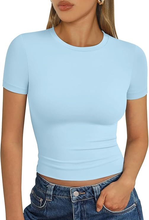 Trendy Queen Womens Short Sleeve T Shirts - Buttery Soft Summer Crop Tops Slim Fit Y2k Basic Tees... | Amazon (US)
