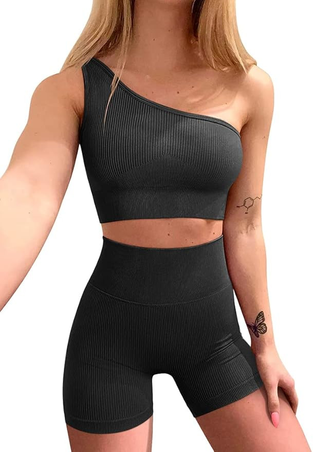 OQQ Workout Outfits for Women 2 Piece Ribbed One Shoulder High Waist Shorts With Sports Bra Exerc... | Amazon (US)
