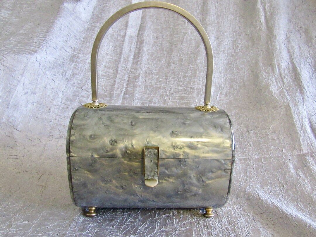 Unusual, 1950s - 60s, Marbled Gray, Barrel, Lucite Purse with Brass-colored Hardware & Filagree i... | Etsy (US)