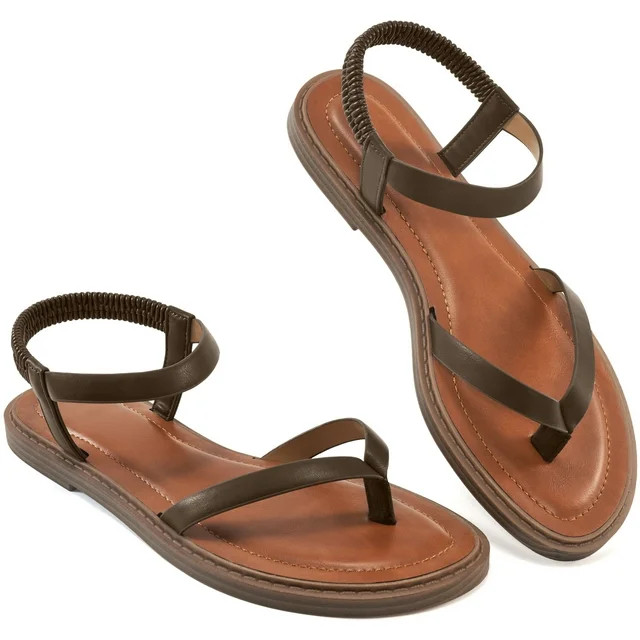 Ecetana Sandals for Women Soft Leather Strappy Flat Sandals for Women with Elastic Strap | Walmart (US)