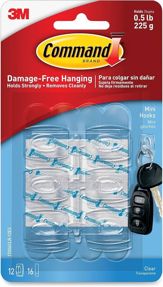 Command 17006CLRES Mini Hooks, w/Adhesive Strips,Holds 1/2 lb, 6/PK, Clear | Amazon (US)