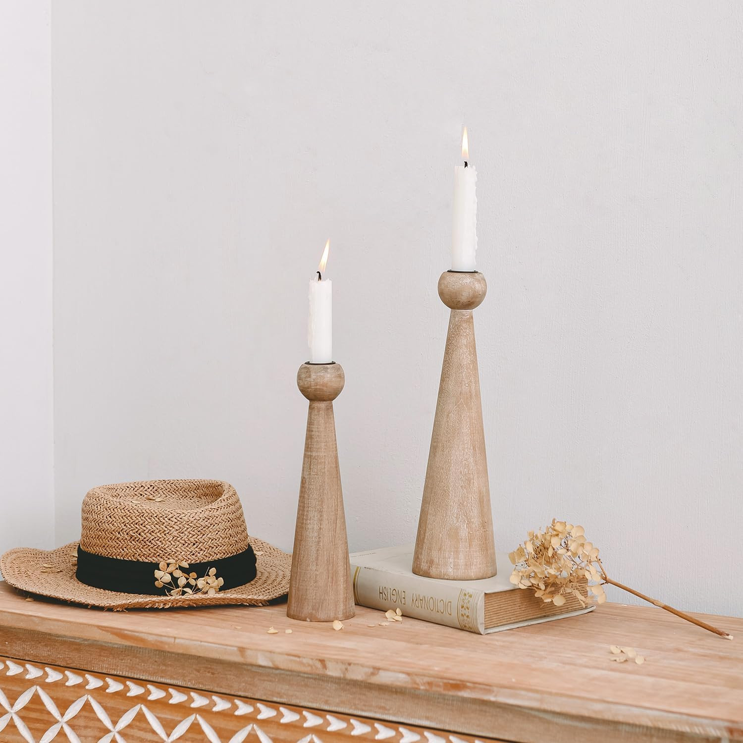 NIKKY HOME Wood Taper Candle Holders Set of 2, Farmhouse Tall Candle Stand Decorative Candlestick for Wedding Party Mantle Fireplace Dining Room Table Centerpieces Decor | Amazon (US)