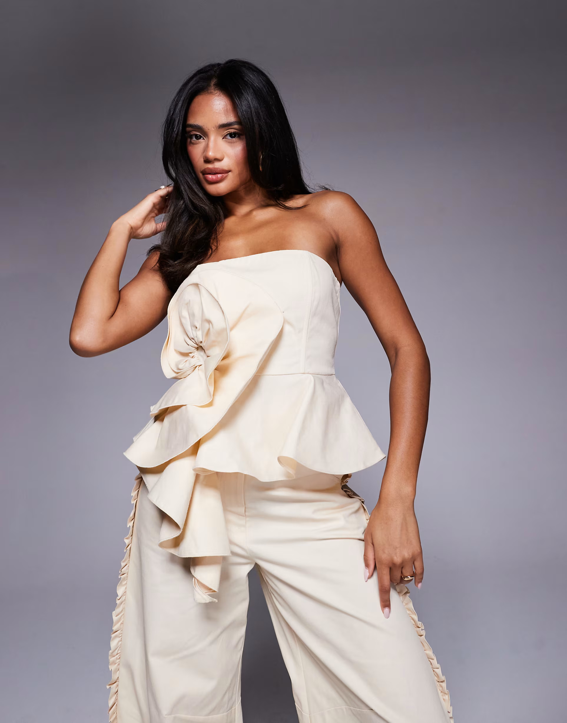 ASOS LUXE cotton twill bandeau corsage top in buttermilk - part of a set | ASOS | ASOS (Global)