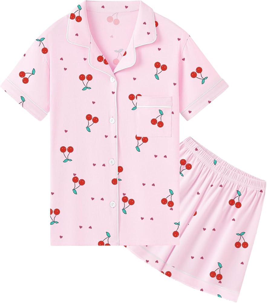 QZH.DUAO Girls & Women's Pajamas Set 100% Cotton PJ Set Button-Down Short Sleeve Sleepwear for Ag... | Amazon (US)