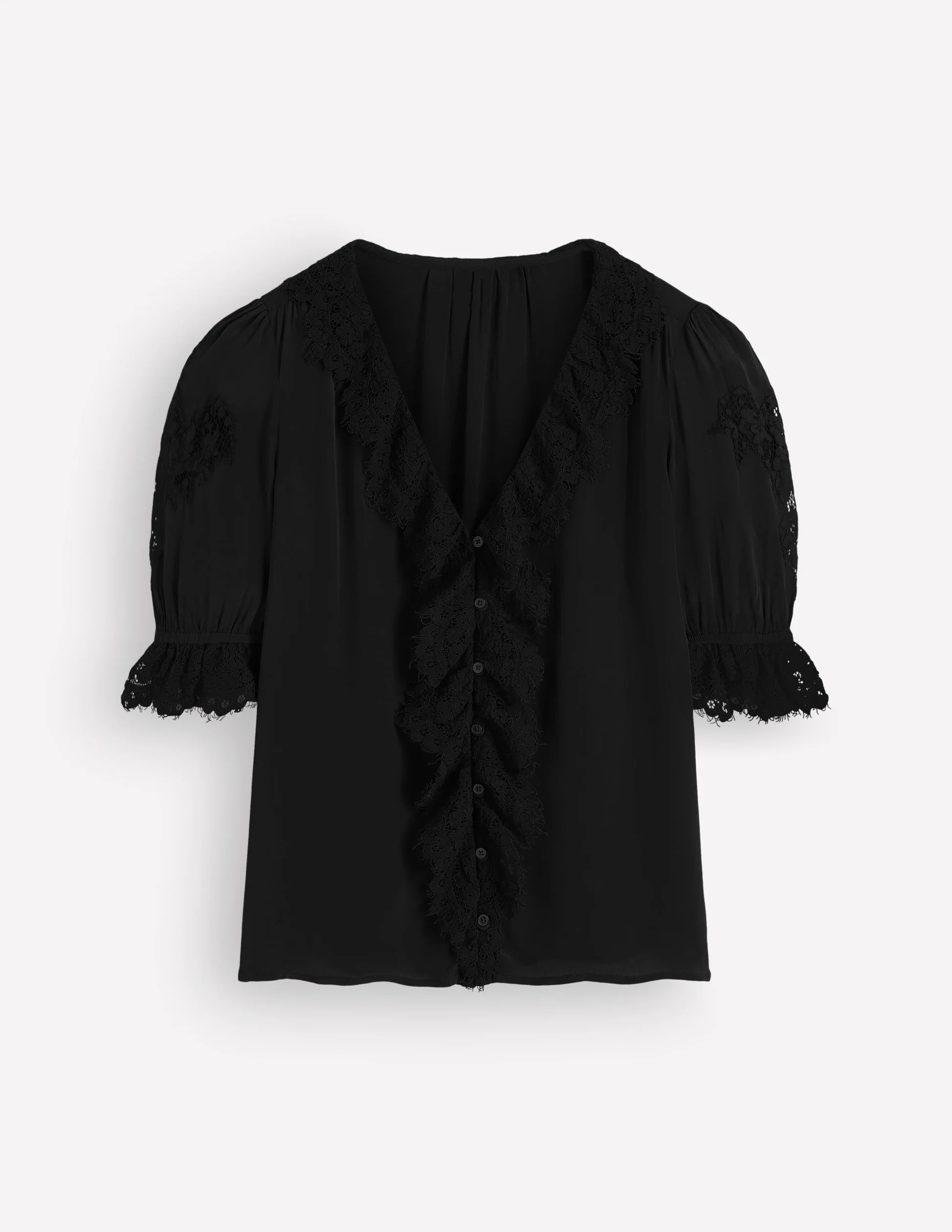 Ruffle V-neck Lace Top-Black | Boden UK