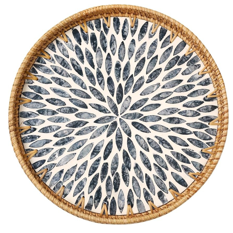 Round Rattan Tray with Mother of Pearl Inlay, Rattan Serving Tray for Coffee, Bread, Fruits, Deco... | Amazon (US)