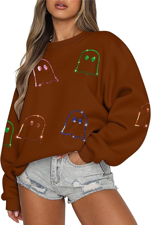 MAXIMGR Halloween Sweatshirts for Women Sequin Ghost Pumpkin Sweatshirt Funny Spooky Season Shirt... | Amazon (US)