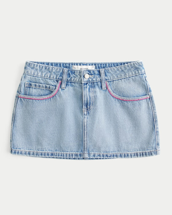 Women's Low-Rise Pink Embroidered Light Wash Denim Mini Skort | Women's Feels Like Summer | Holli... | Hollister (US)