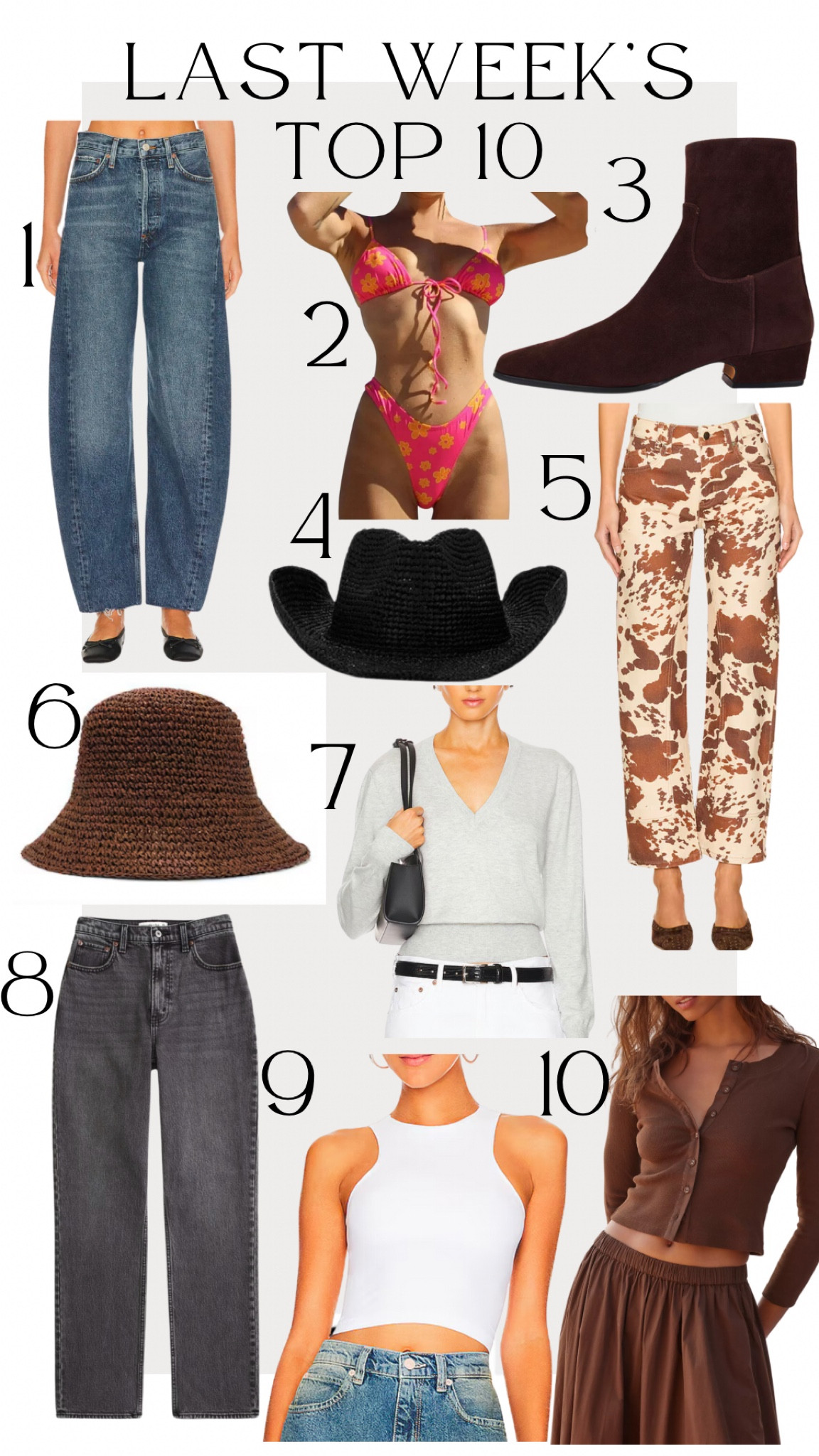 Last weeks best sellers!

1. I love these jeans! They’re the perfect amount of barrel jean without being too much 
2. The cutest swimsuit and literally $8! I’m shocked at how good it is too
3. Obsessed with these booties! 
4. I love this hat for tropical vacays
5. I mean these printed jeans are just everything
6. Cutie bucket hat that’s perfect for a beach trip
7. I constantly am reaching for this sweater! It’s a staple
8. These jeans are so good and such a good price point 👌🏻
9. I love this as a layering top! They’re neckline is perfection
10. I love this set! I already ordered the other color! The jacket is perfect and love the wide pants

#LTKFindsUnder100 #LTKStyleTip