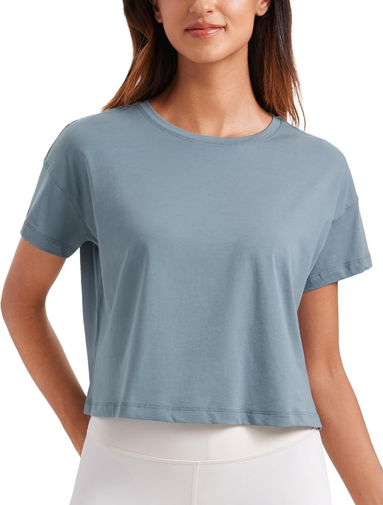 CRZ YOGA Women's Pima Cotton Workout Short Sleeve Shirts Loose Athletic Crop Tops Gym Casual Crop... | Amazon (US)