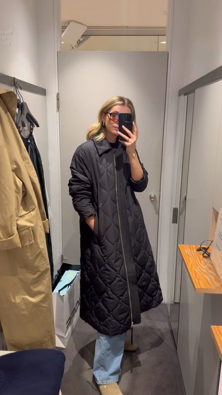 COS, black coat, quilted coat, long coat, long puffer coat, silk trousers, wide leg trousers, green trousers, white shirt, oversized shirt, knitwear, navy knit, cashmere jumper, black boots, ankle boots, winter outfits women

#LTKSeasonal #LTKeurope #LTKstyletip