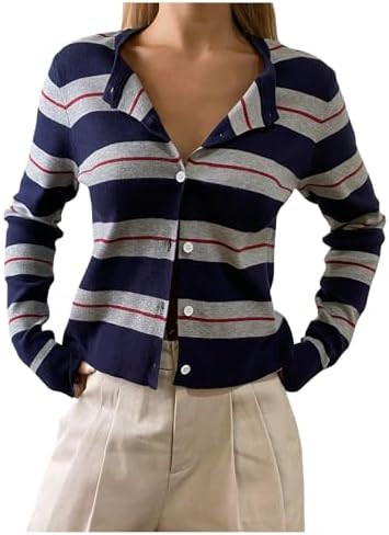 RoseSeek Women's Preppy Striped Cardigans Crew Neck Button Down Sweaters Knit Tops Fall Tops | Amazon (US)