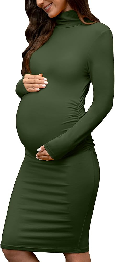 abkylie Turtleneck Long Sleeve Maternity Dress with Side Ruched/Knee Length Pregnancy Dress Fall ... | Amazon (US)