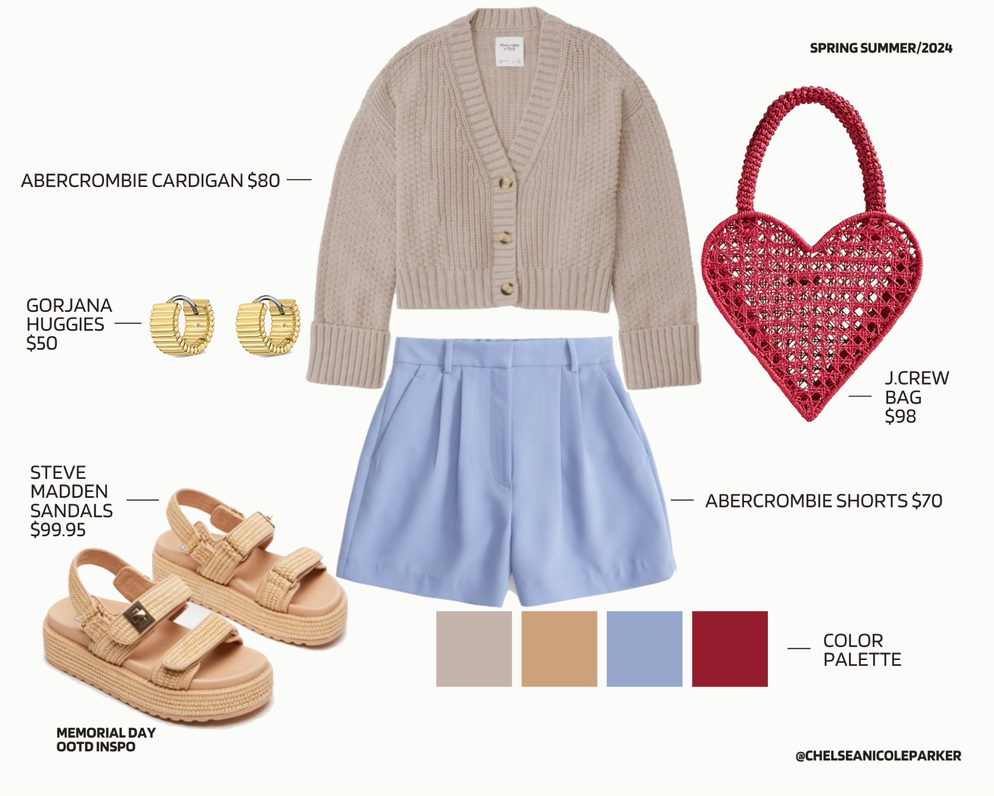 Abercrombie Taupe Chunky Knit Cardigan + Abercrombie Light Blue Periwinkle High WaistedTailored Shorts + Gorjana Gold Huggies Hoops Earrings + Steve Madden Chanel Dupe Sandals + J. Crew Red Heart Tote Straw Bag - Summer Outfit / Memorial Day Weekend / 4th of July / Red White and Blue OOTD Inspo 

#LTKSeasonal #LTKFindsUnder100 #LTKFindsUnder50