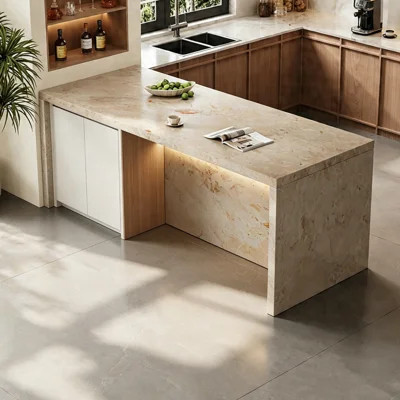 Marble Top Kitchen Island with Storage Cabinet and LED Light, No Assembly Required | Wayfair North America