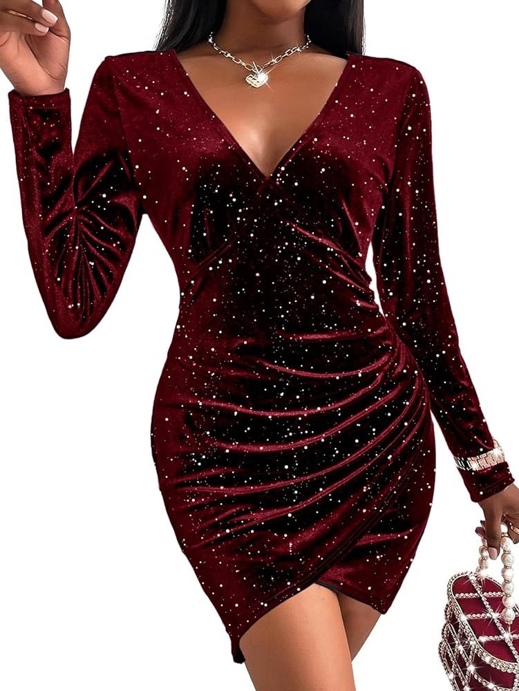 BerryGo Women's Sexy Sequin One Shoulder Cut Out Prom Maxi Dress Ruched Bodycon Sparkly Glitter Slit Party Formal Dress | Amazon (US)