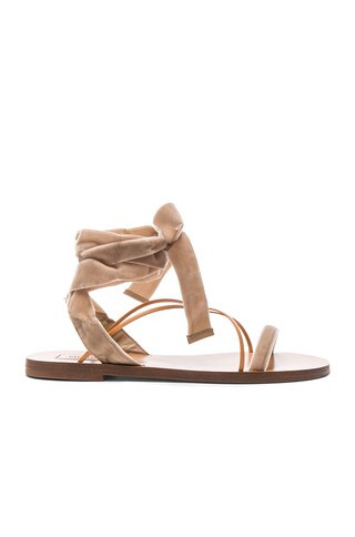 Valentino Flat Velour Ankle Tie Sandals in Soft Noisette & Natural | FORWARD by elyse walker