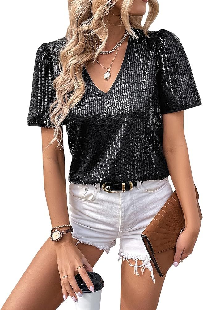Floerns Women's Contrast Sequin V Neck Puff Short Sleeve Party Blouse Top | Amazon (US)